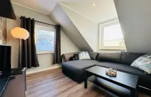 Wohnbereich mit ausklappbarem Sofa, Fernseher und Dartscheibe